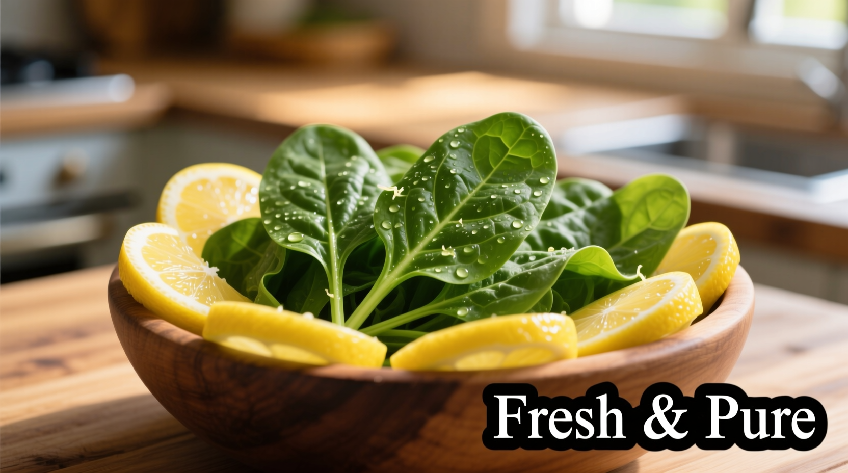 Fresh spinach leaves in wooden bowl with lemon slices