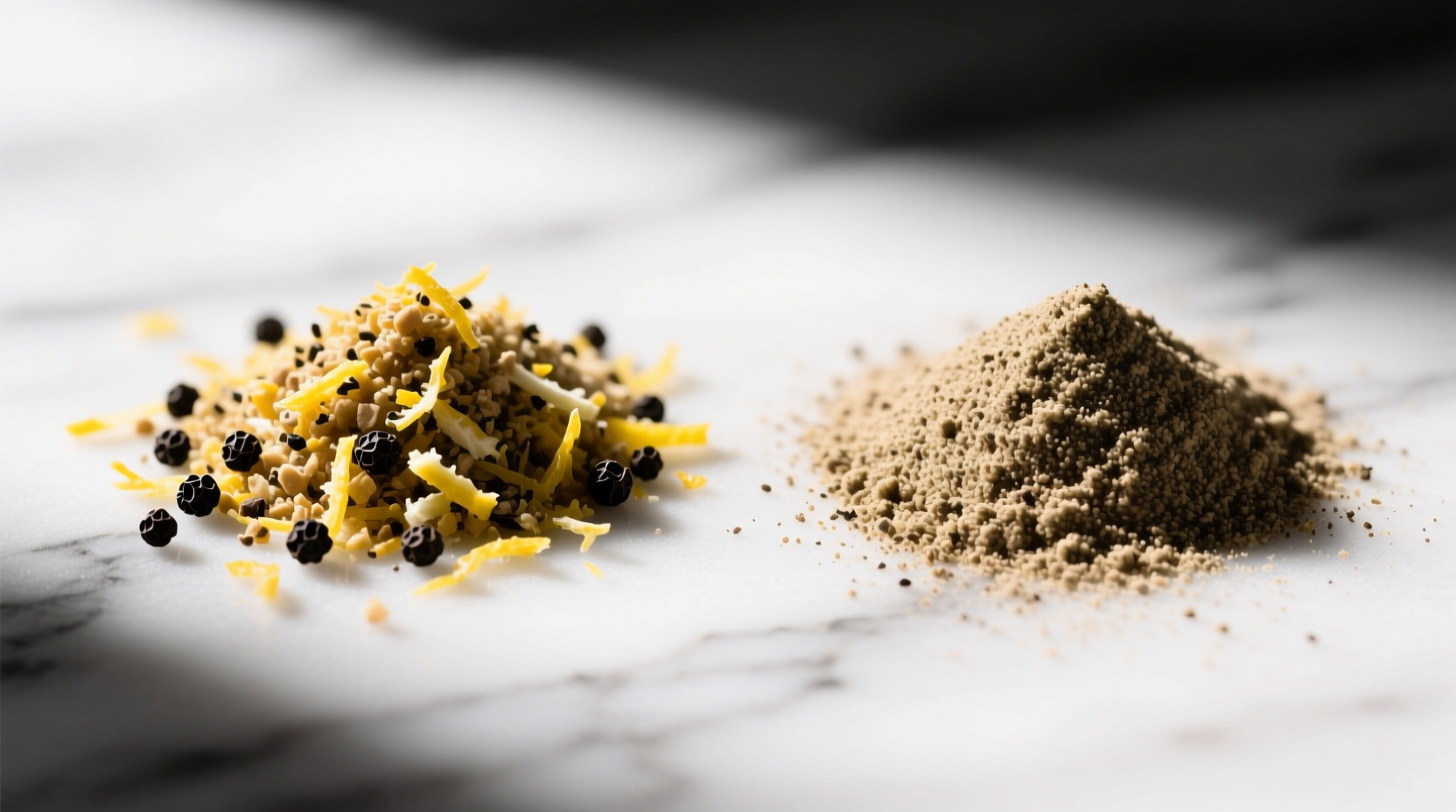 Side-by-side comparison of coarse gourmet lemon pepper versus fine commercial blend showing visible lemon zest particles