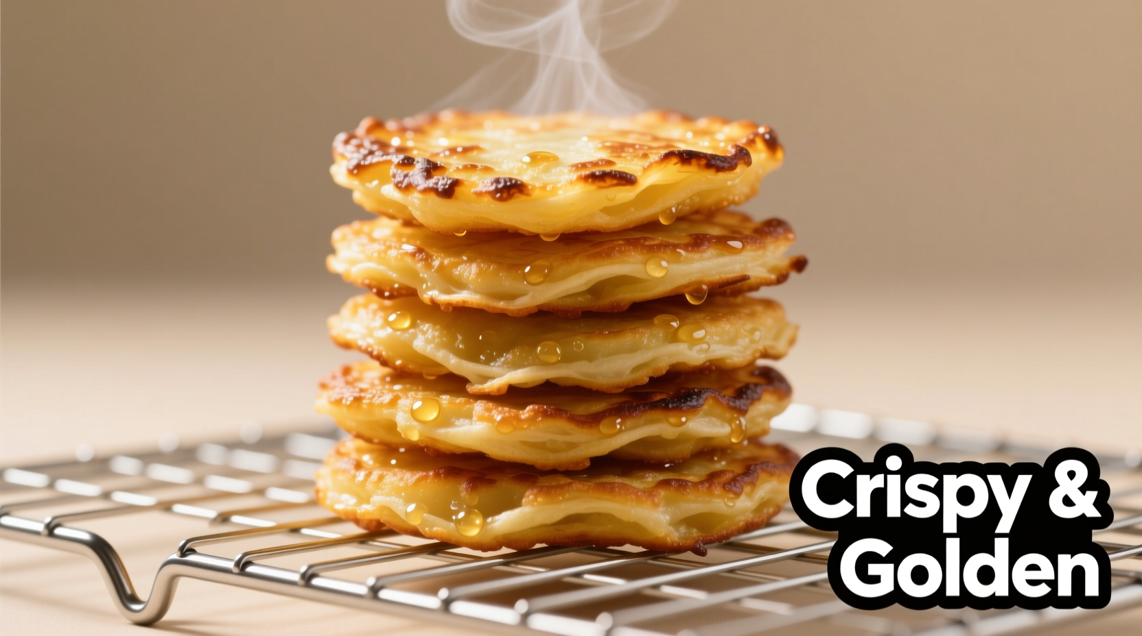 Golden fried potato cakes on wire rack