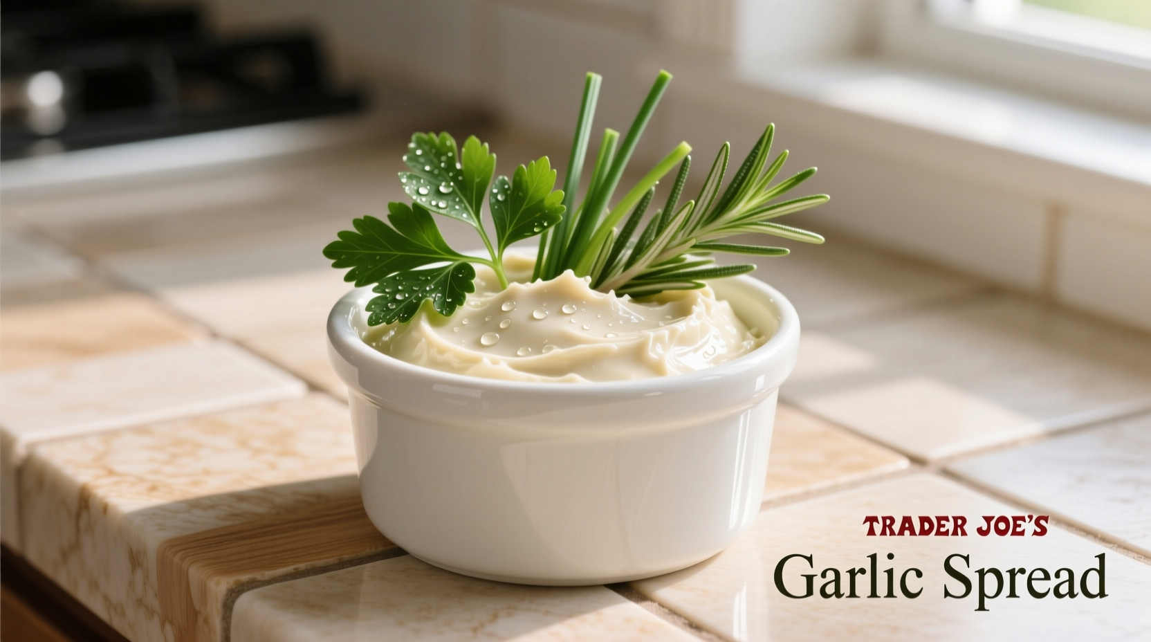Trader Joe's garlic spread in white container with fresh herbs