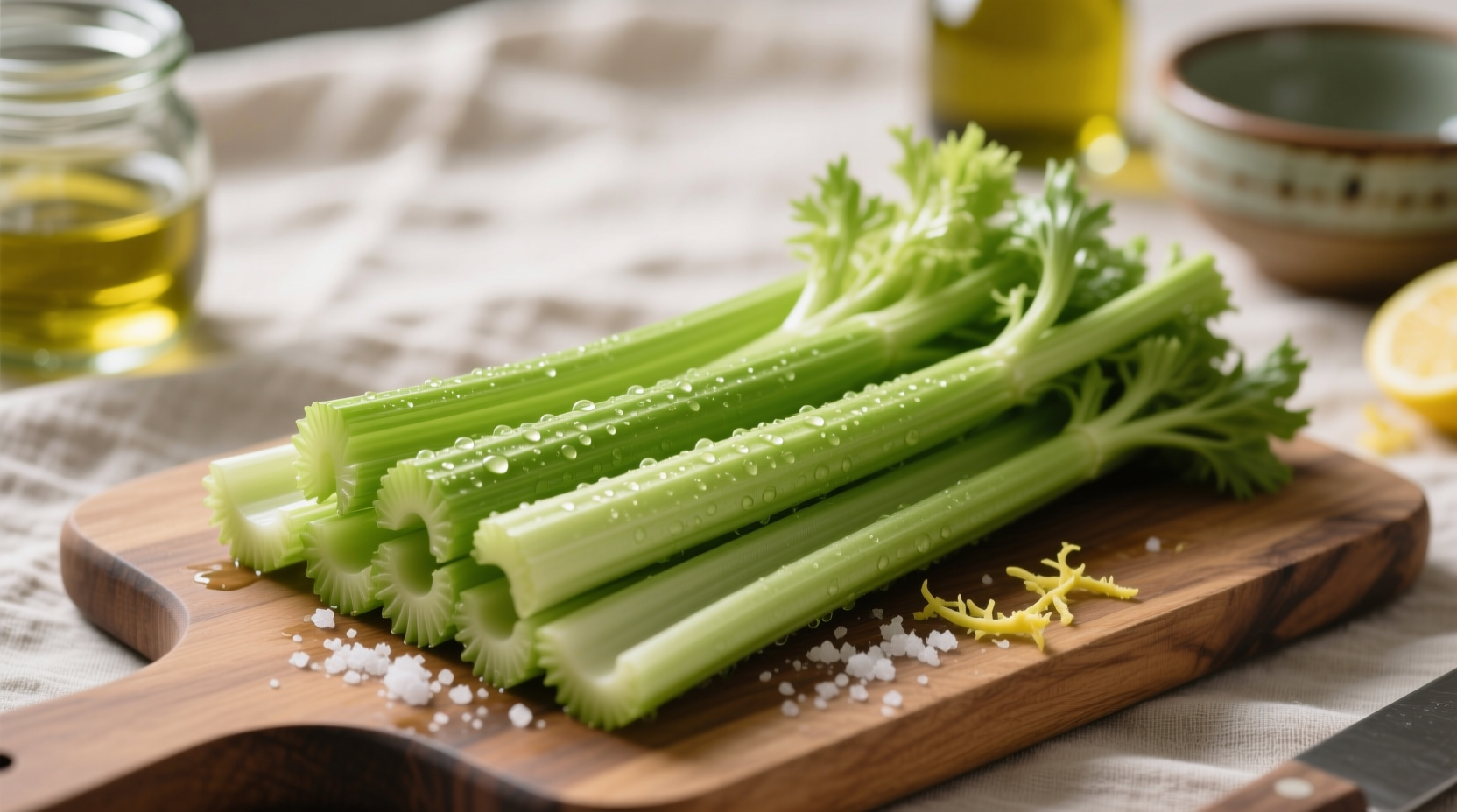 Fresh celery stalks prepared for salad
