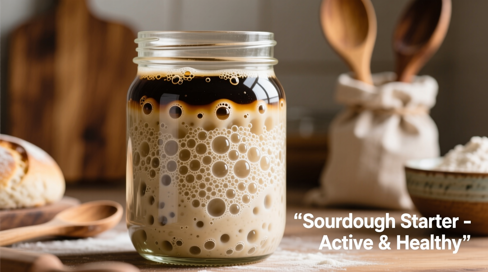Sourdough starter in glass jar with active bubbling
