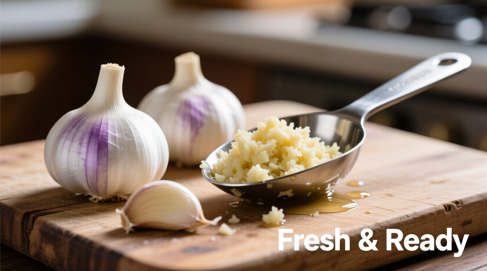 Fresh garlic cloves next to minced garlic in measuring spoon