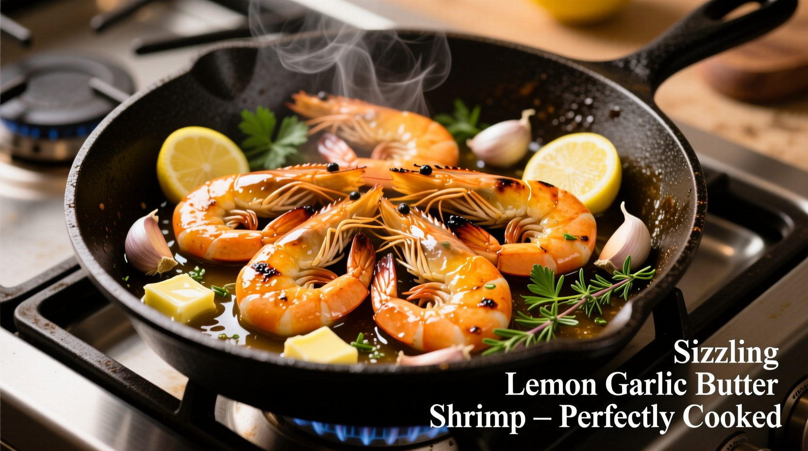 Perfectly cooked lemon garlic butter shrimp in skillet