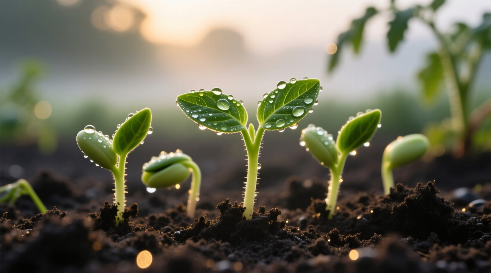Fresh tomato sprouts in soil with morning dew