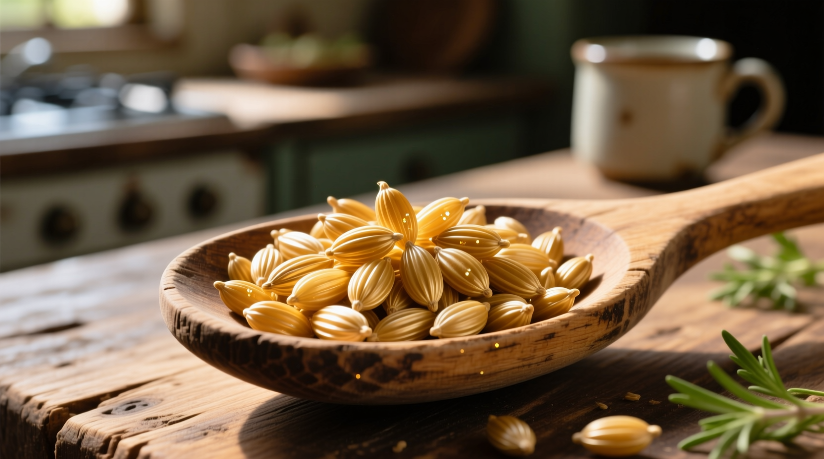 Close-up of golden celery seeds in wooden spoon