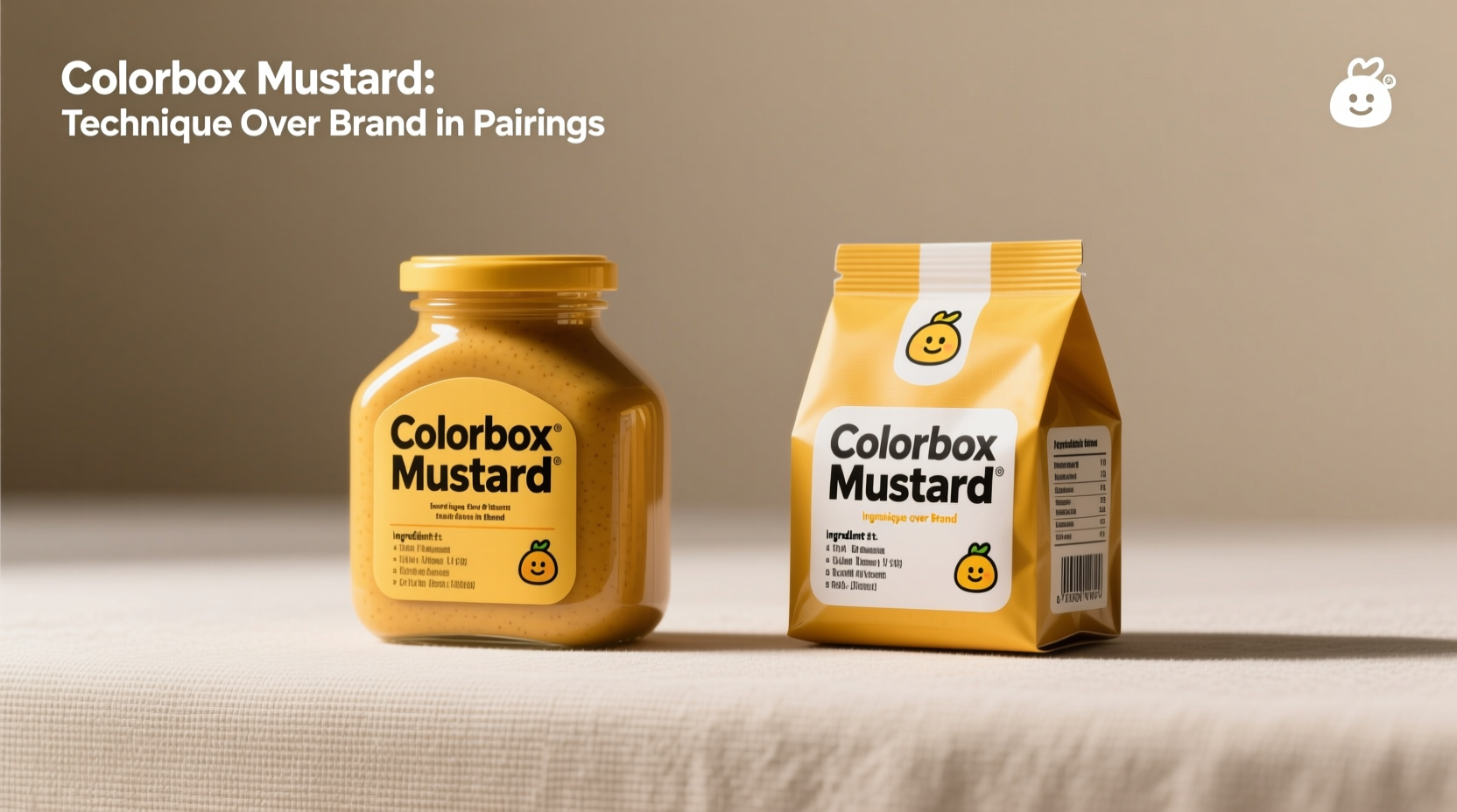Side-by-side comparison of colorbox mustard packaging variants showing identical ingredient lists