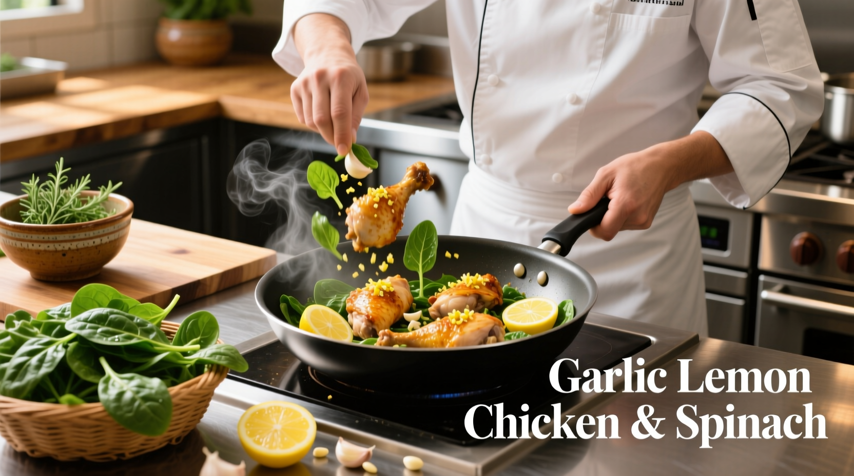 Chef preparing garlic lemon chicken with fresh spinach