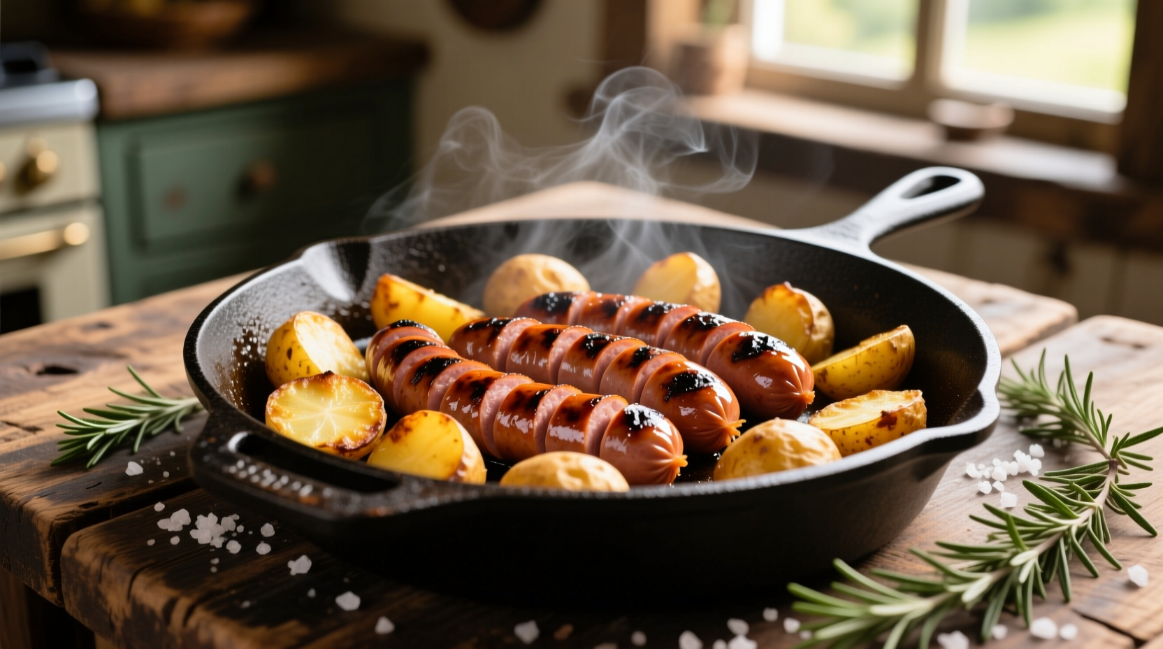 Crispy smoked sausage and golden potatoes in cast iron