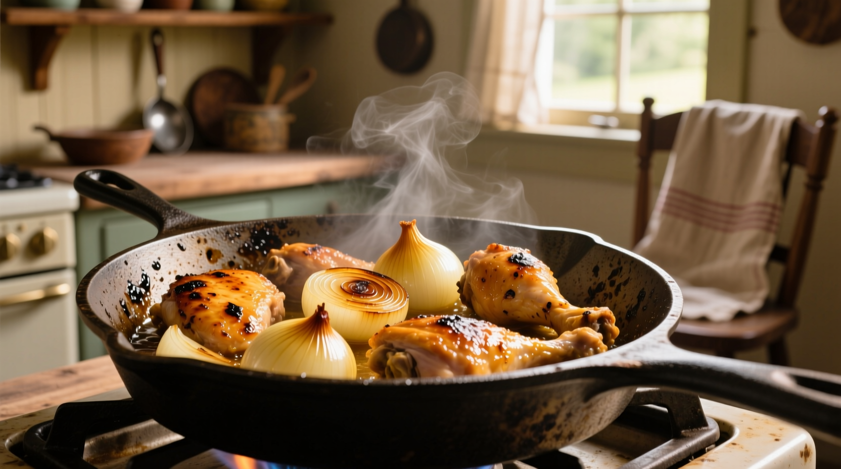 Golden caramelized onions with chicken in cast iron skillet