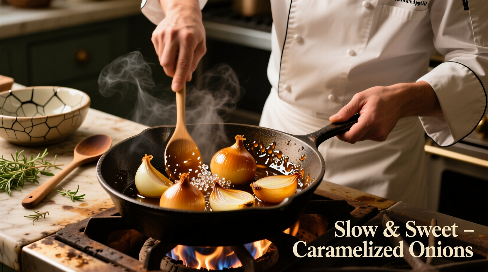 Chef preparing caramelized onions in cast iron skillet