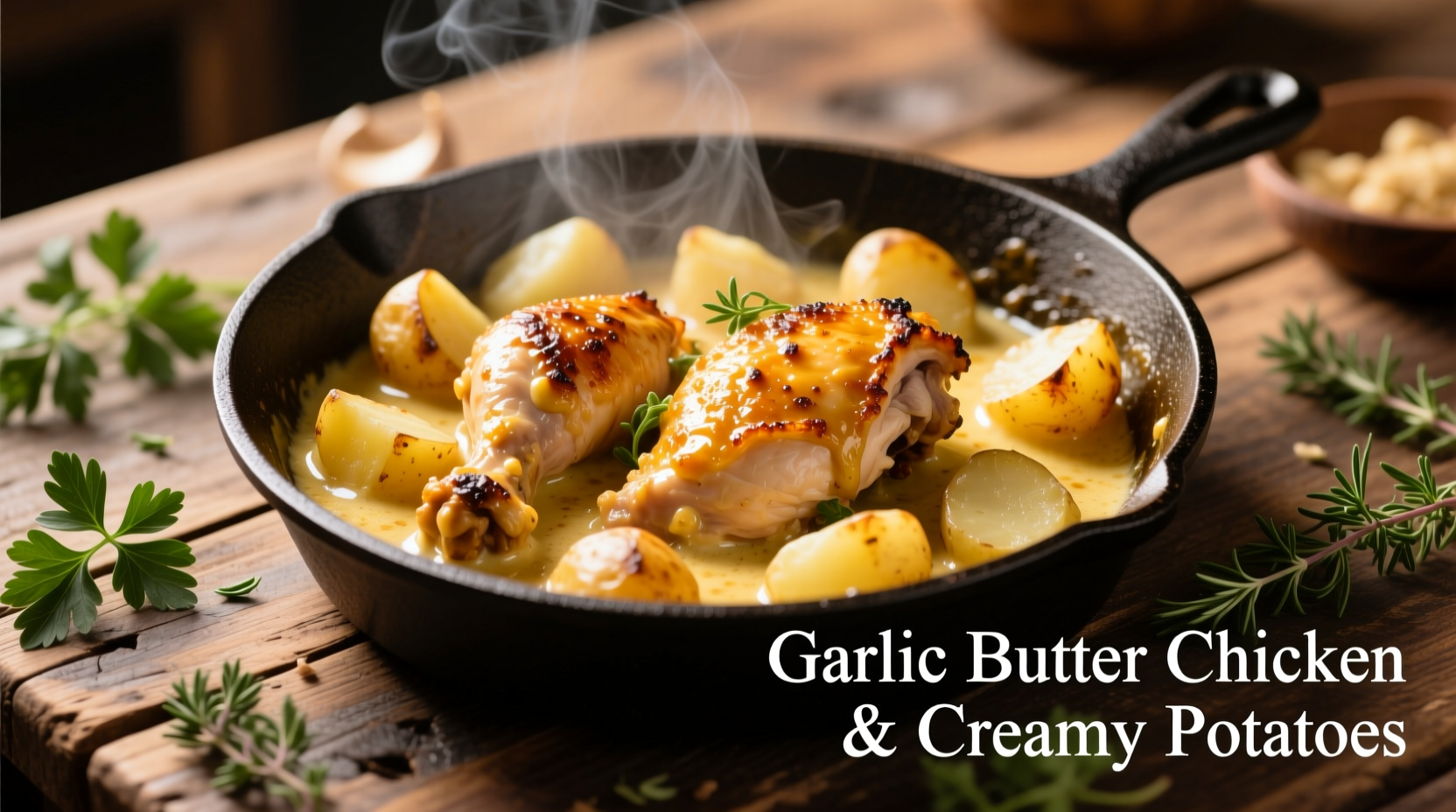 Golden garlic butter chicken with creamy potatoes in cast iron skillet