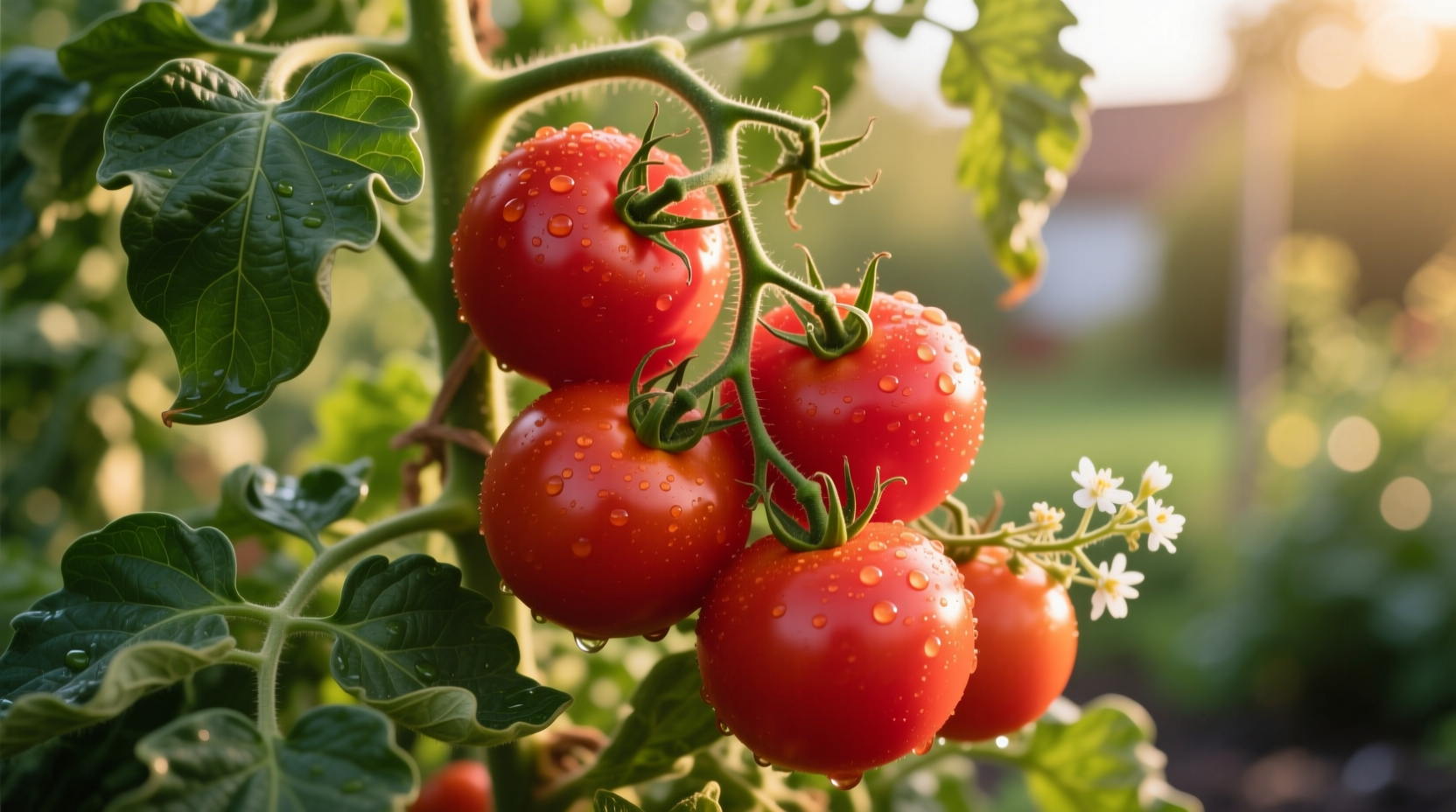 Ripe red tomatoes on vine with leaves
