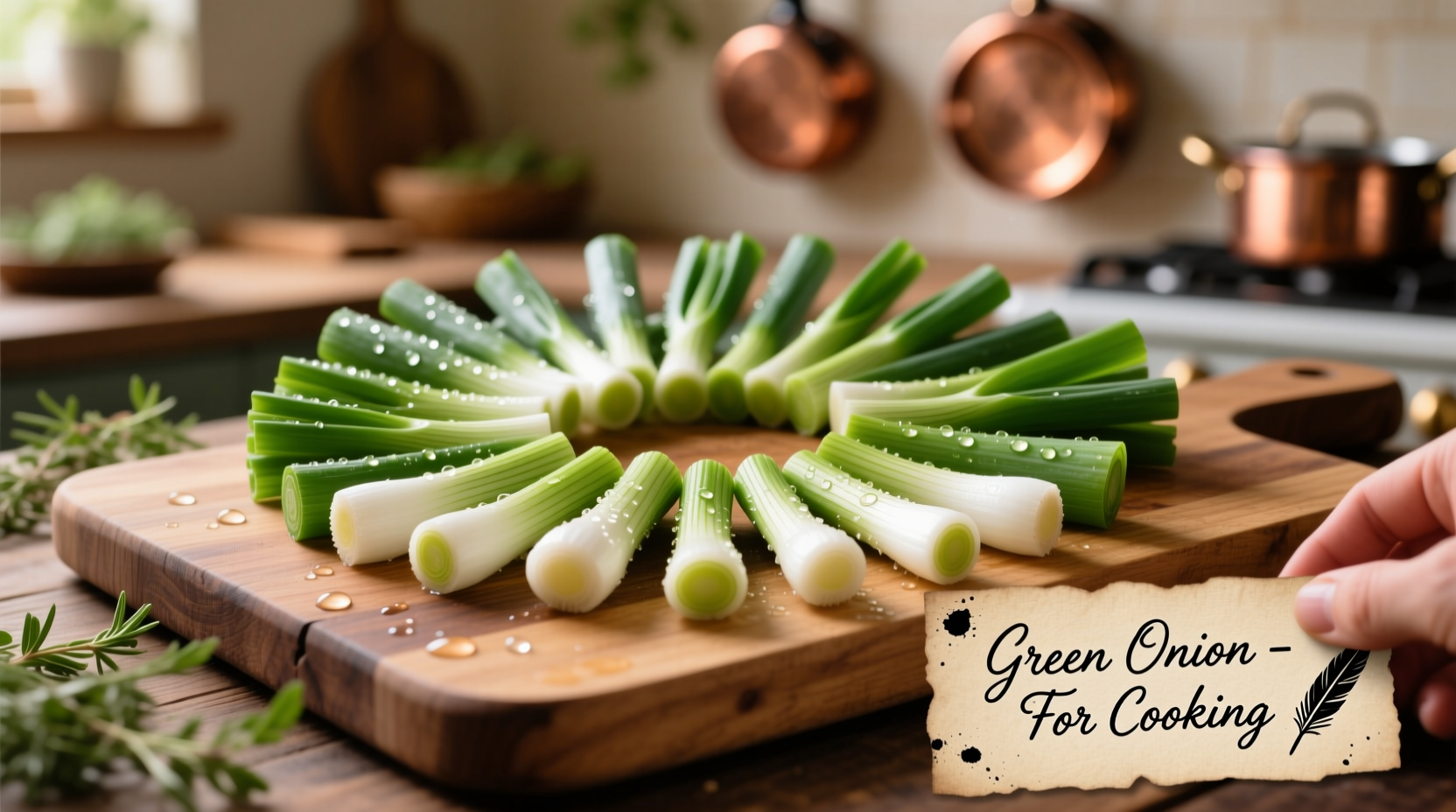 Close-up of green onion sections labeled for cooking