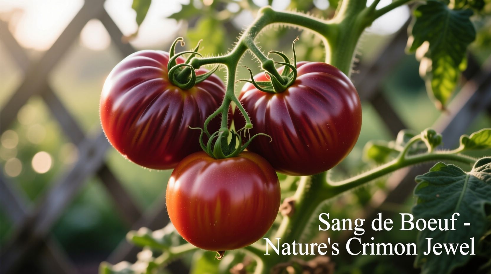 Ripe Sang de Boeuf tomatoes on vine with characteristic ribbing