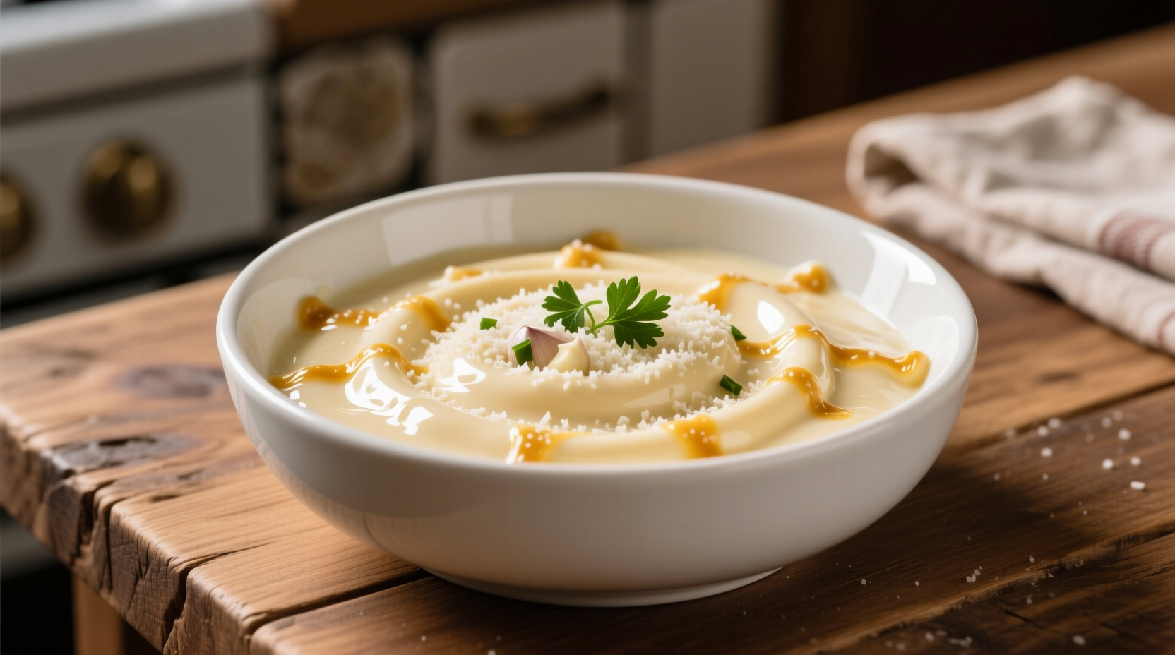 Creamy garlic parmesan sauce in white bowl