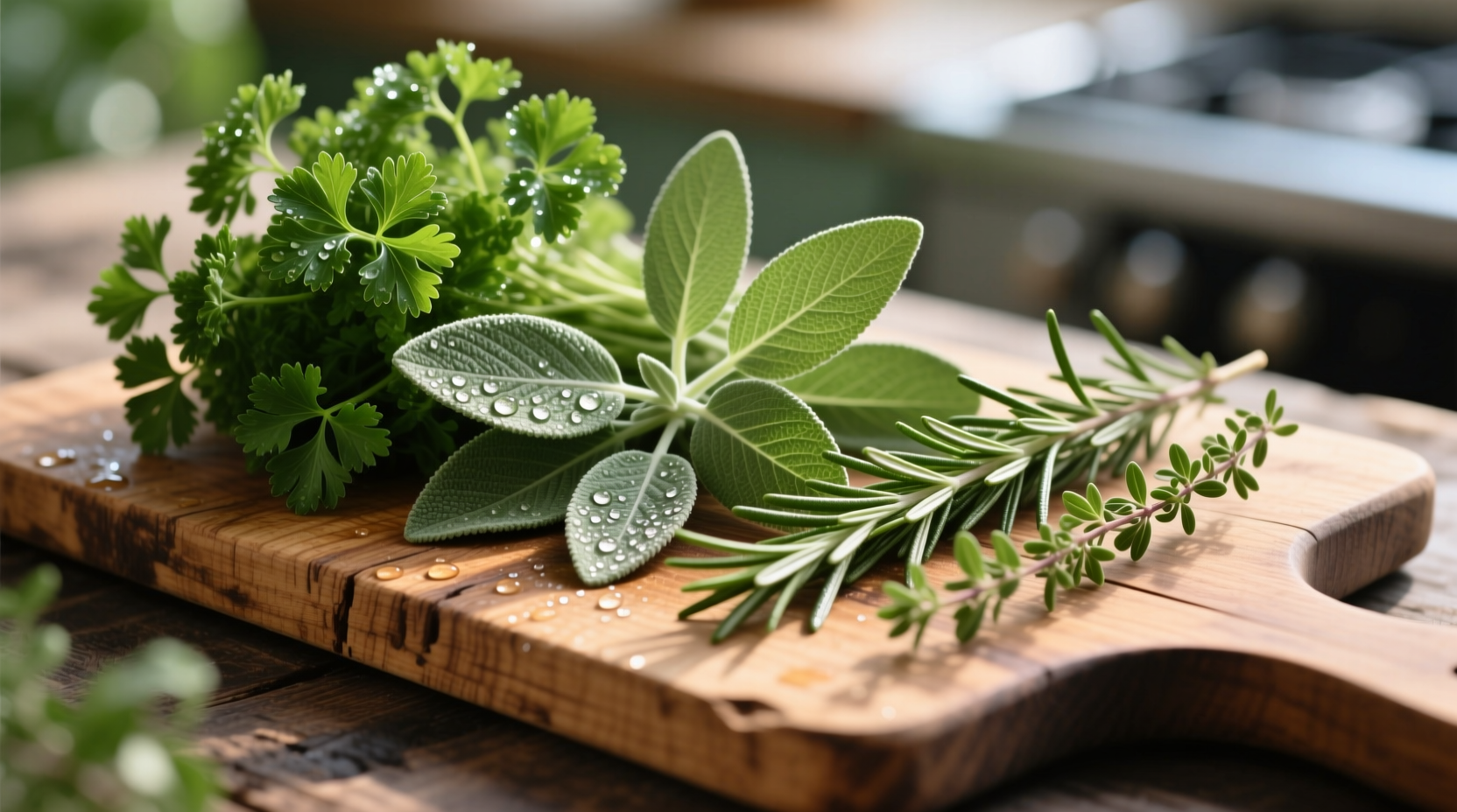 Fresh parsley sage rosemary and thyme on wooden cutting board