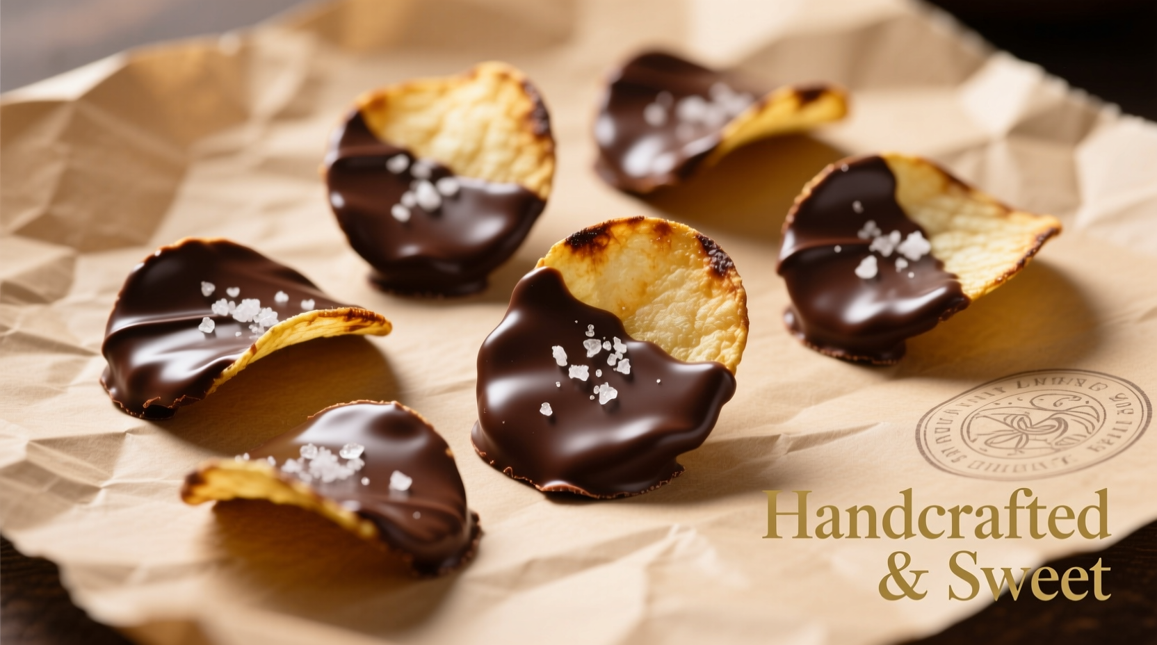 Homemade chocolate covered potato chips on parchment paper