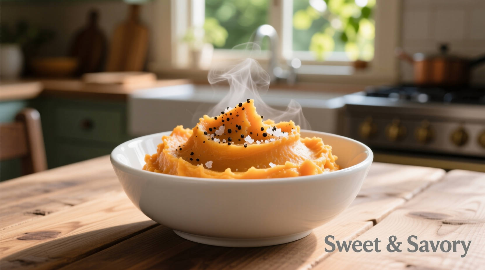Creamy savory sweet potato mash in white bowl