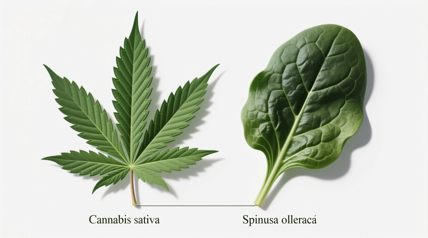 Cannabis leaf next to spinach showing visual comparison