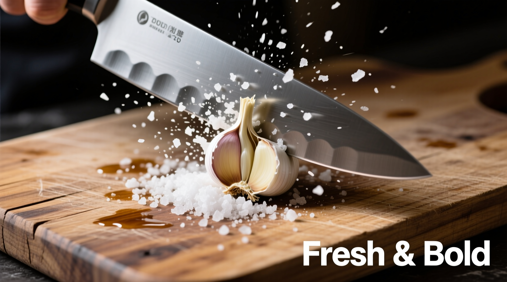 Chef's knife crushing garlic clove with salt on wooden cutting board