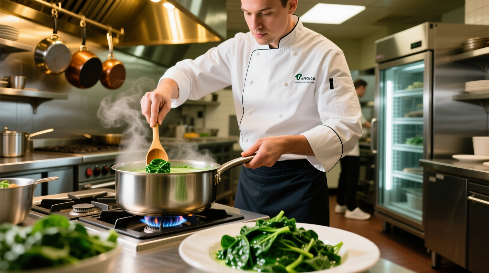 Chef preparing fresh creamed spinach in restaurant kitchen