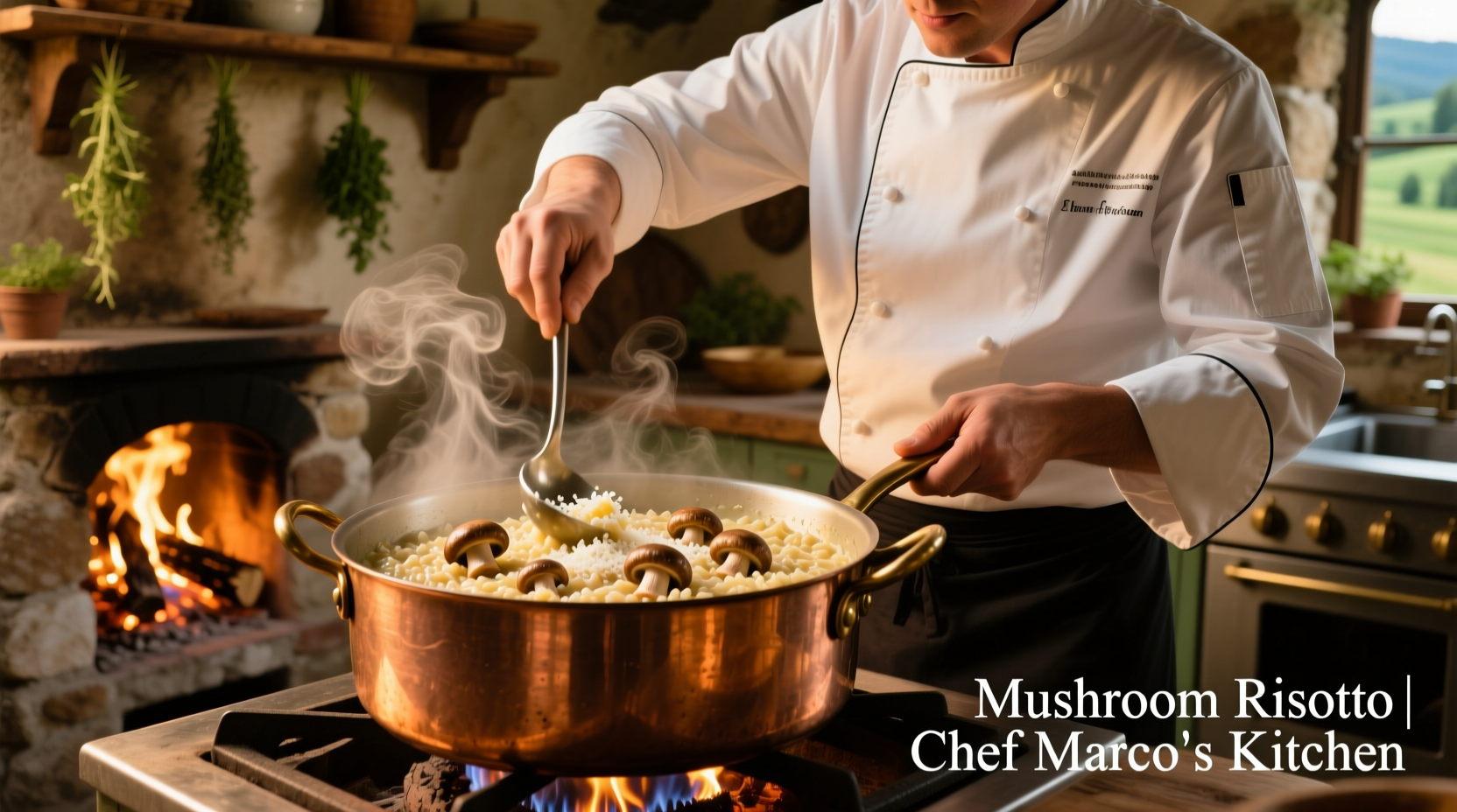 Chef stirring mushroom risotto in copper pot