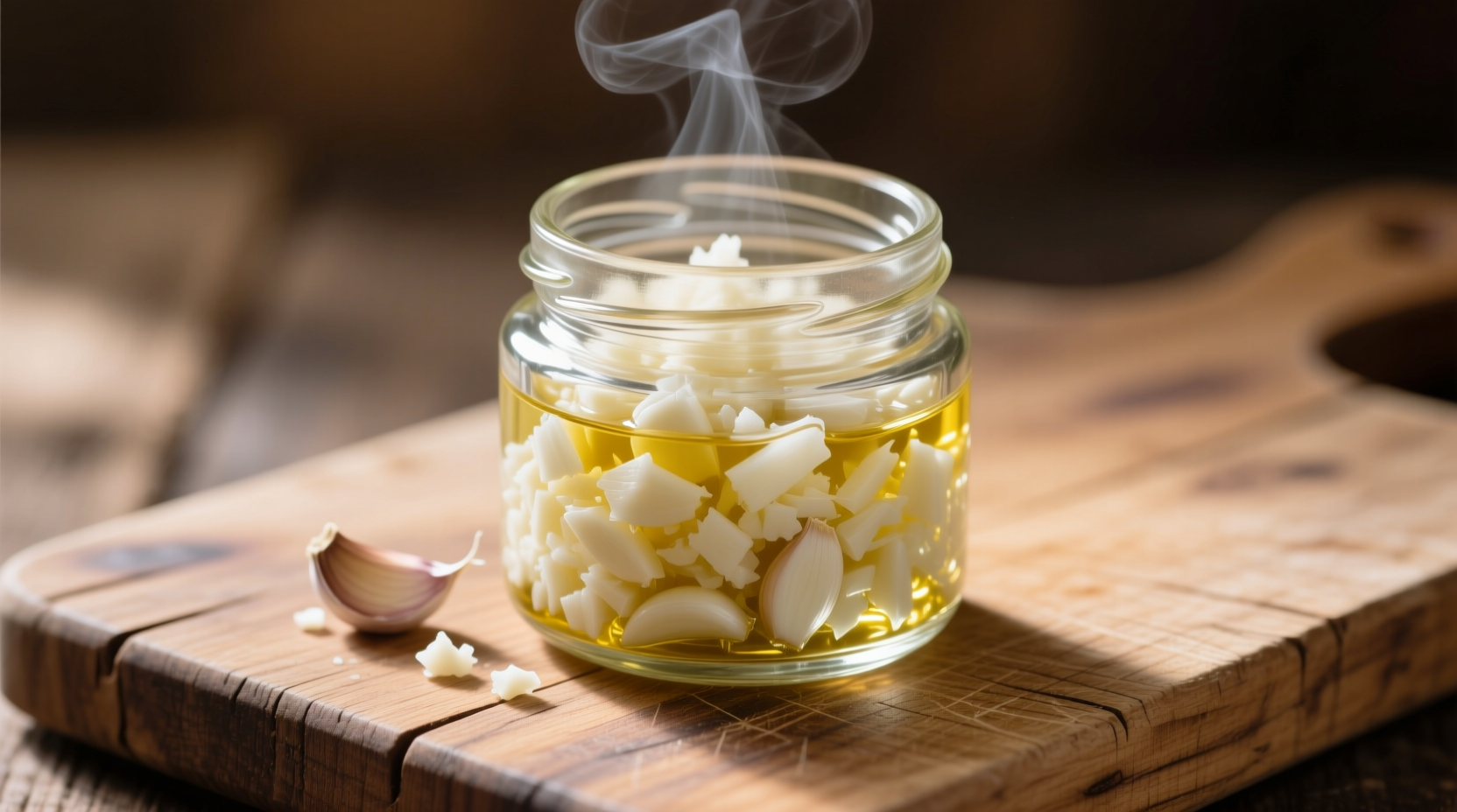 Glass jar of minced garlic on wooden cutting board