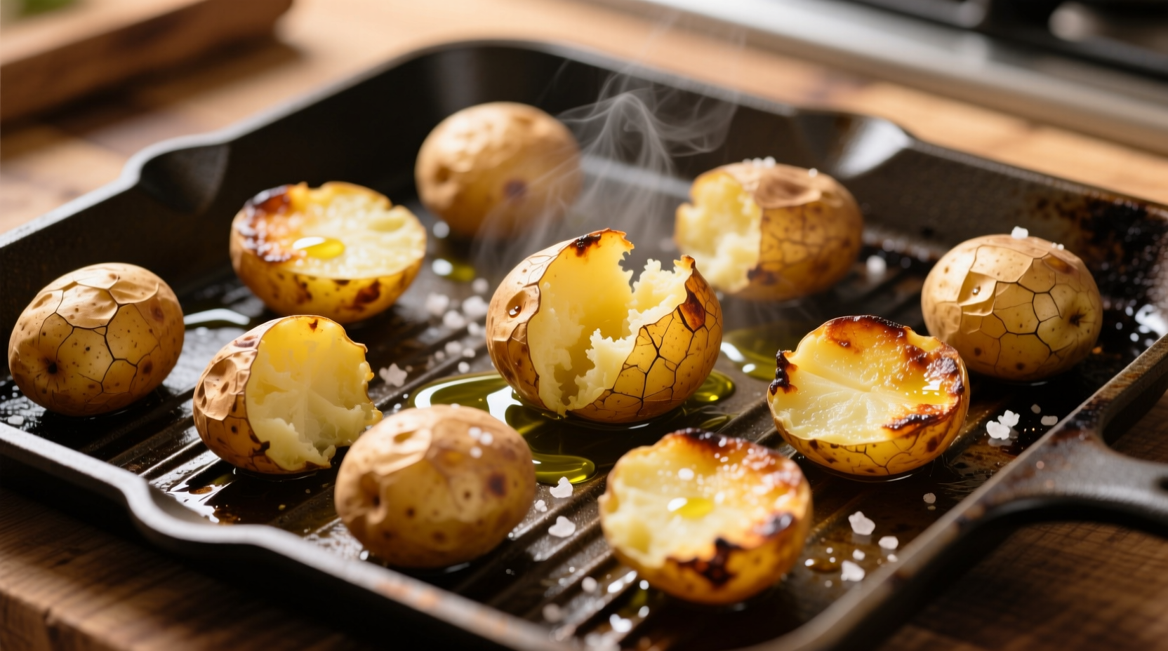 Crispy golden smashed potatoes on baking sheet