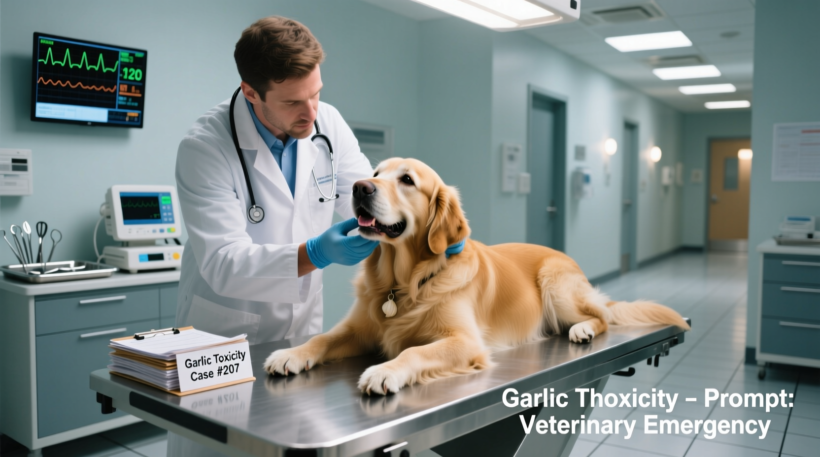 Veterinarian examining a golden retriever showing signs of garlic toxicity