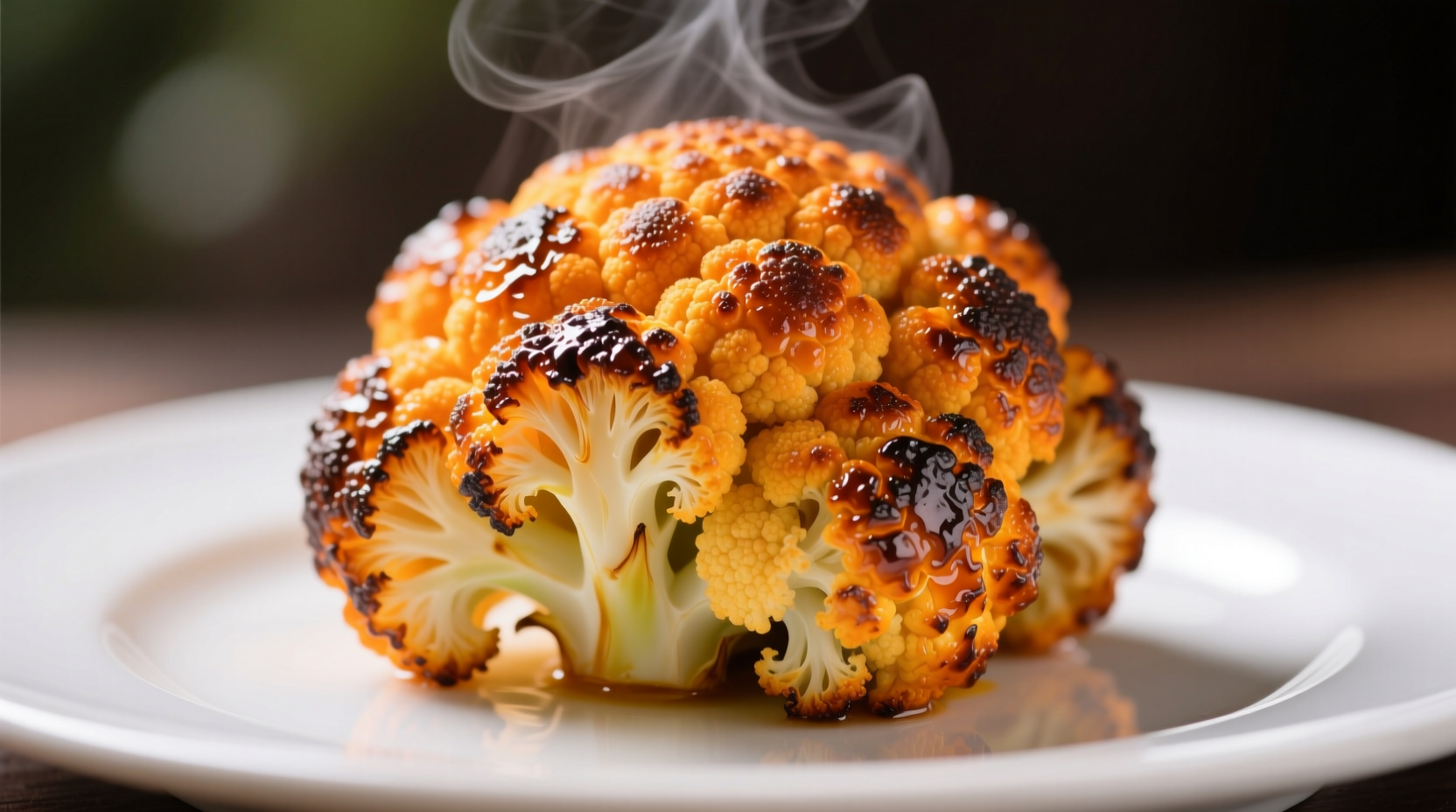 Perfectly roasted orange cauliflower on white plate