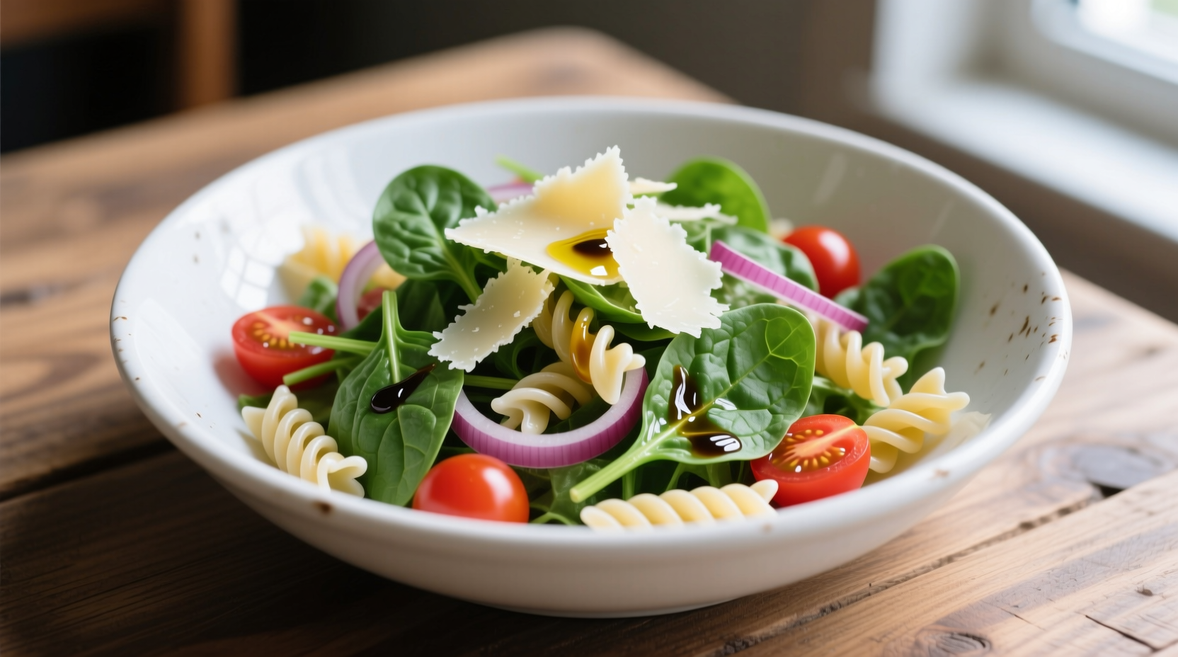 Fresh spinach and pasta salad in a white bowl