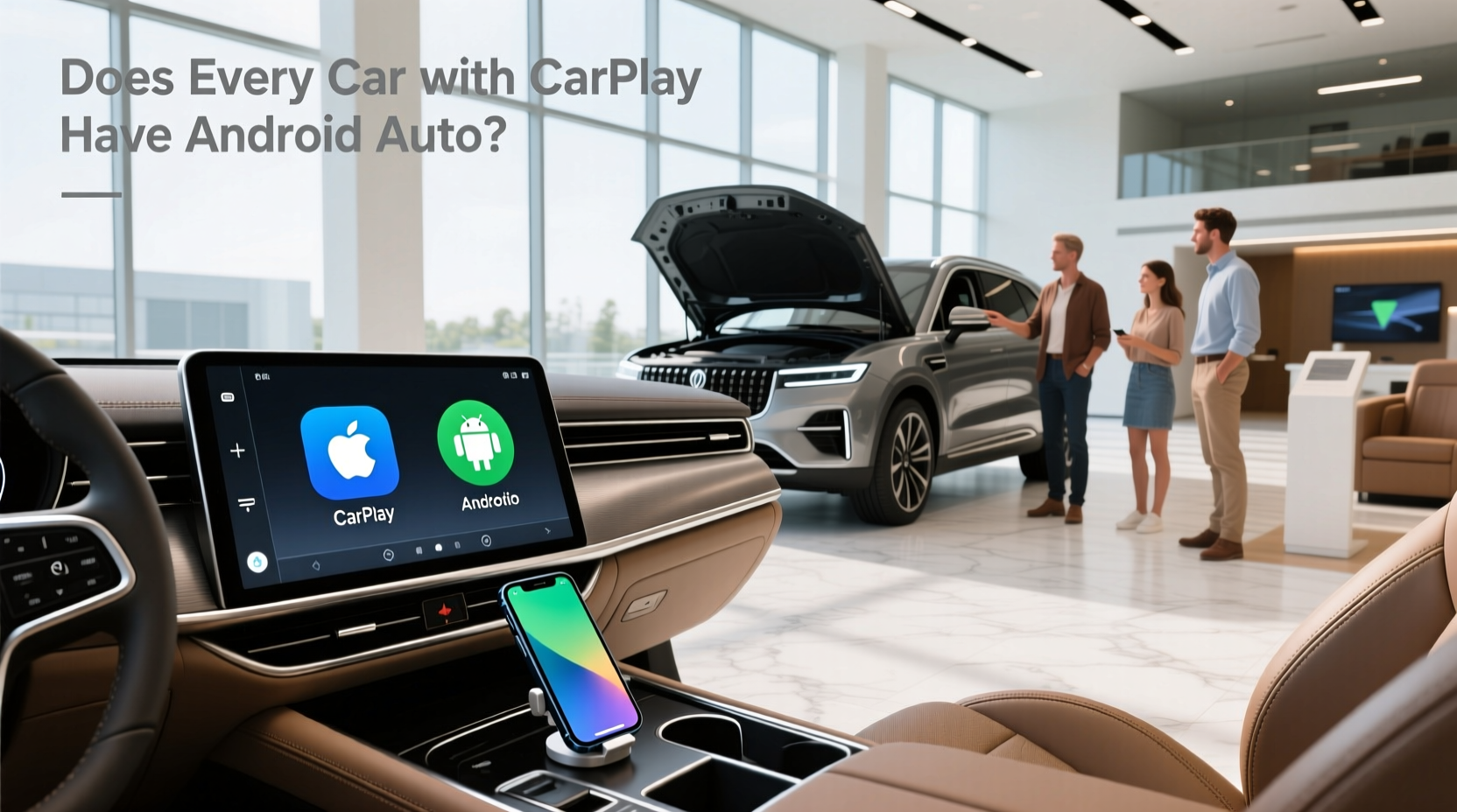 Car dashboard showing Apple CarPlay and Android Auto compatibility on infotainment screen