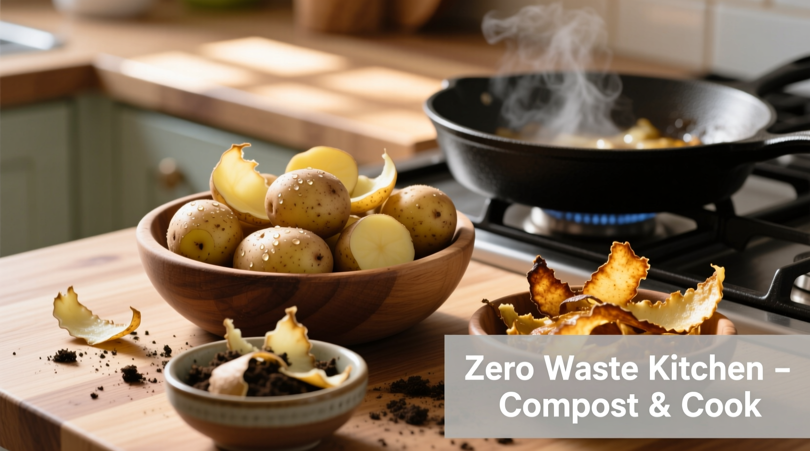 Fresh potato peels arranged for composting and cooking uses