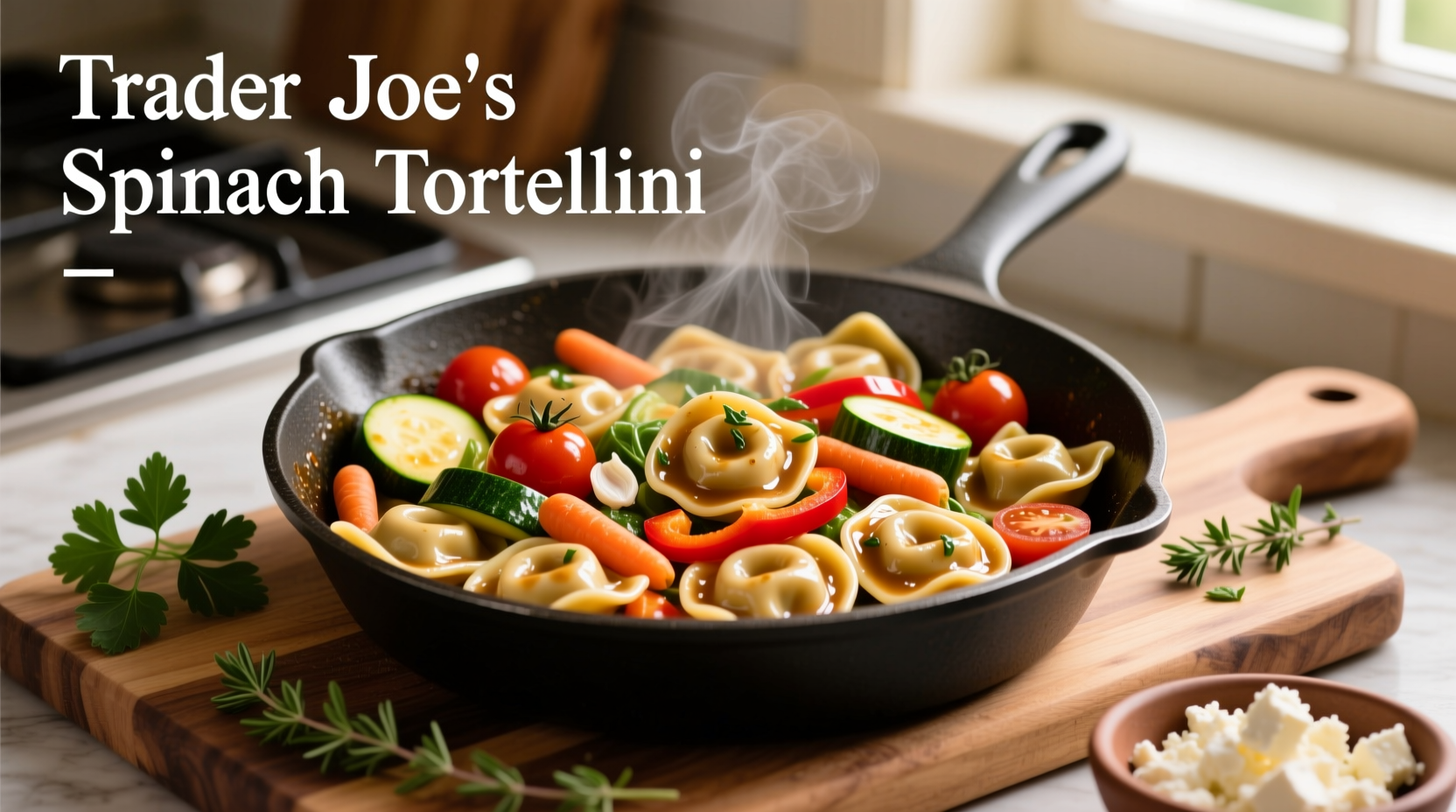 Trader Joe's spinach tortellini cooked in skillet with vegetables