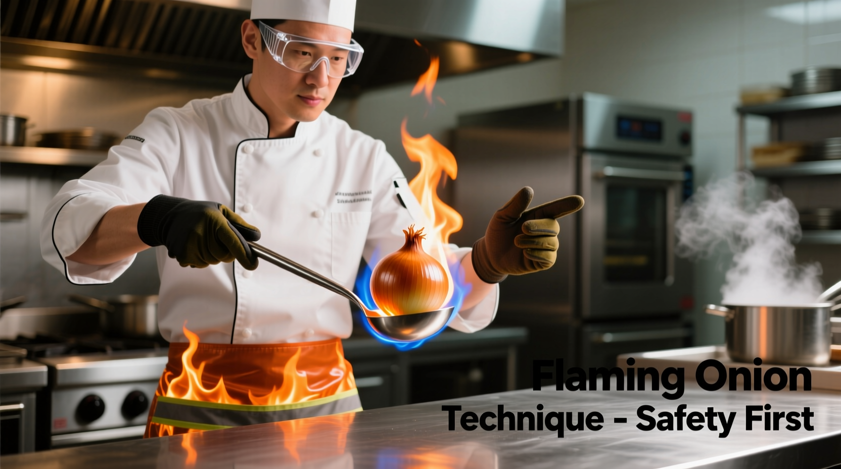 Chef demonstrating proper flaming onion technique with safety equipment