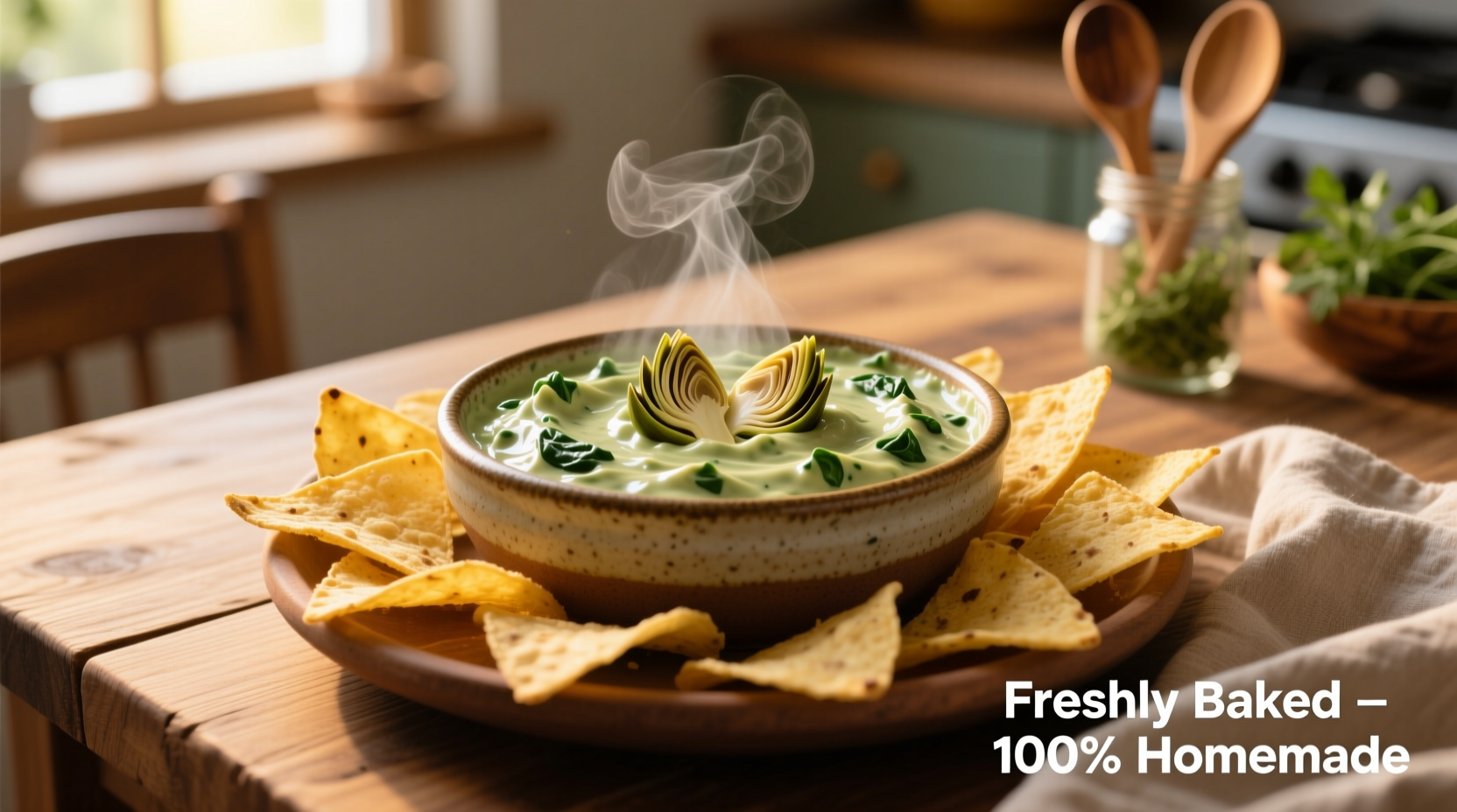Creamy spinach artichoke dip served with tortilla chips