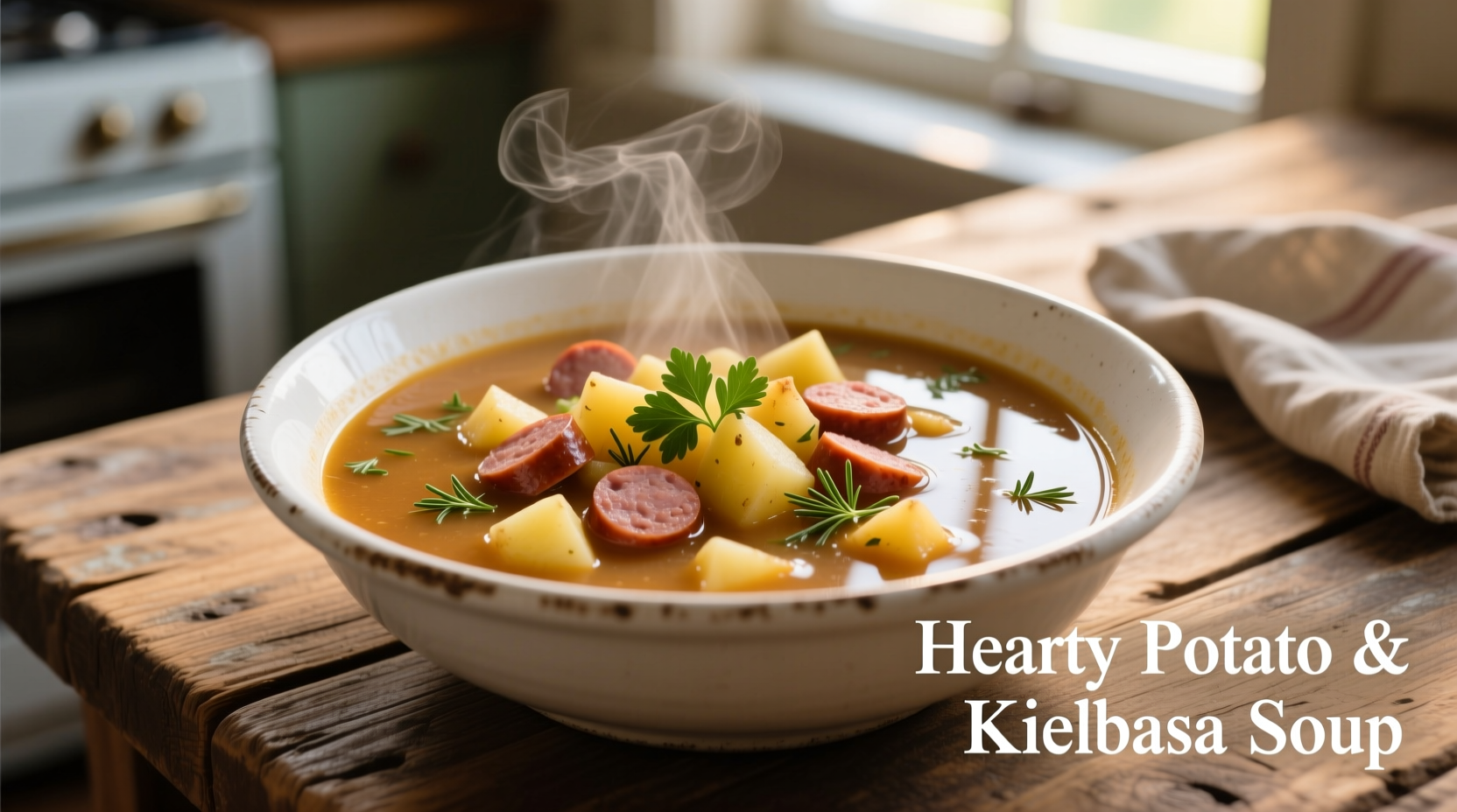 Hearty potato and kielbasa soup in white bowl
