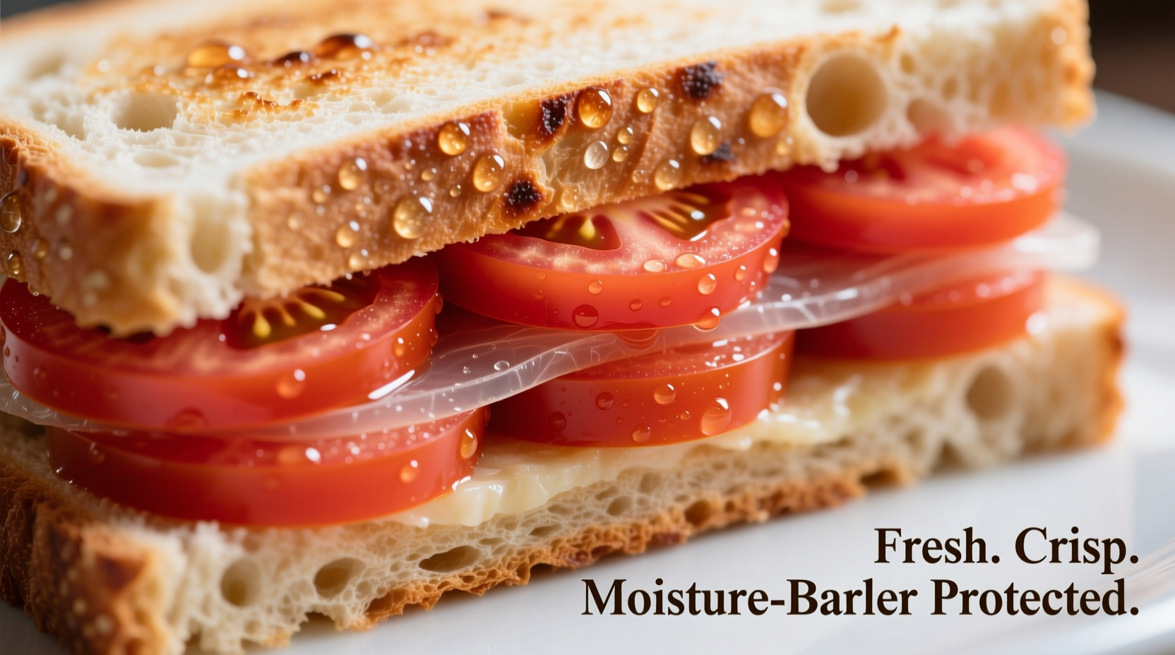 Perfect cross-section of tomato sandwich with visible moisture barrier