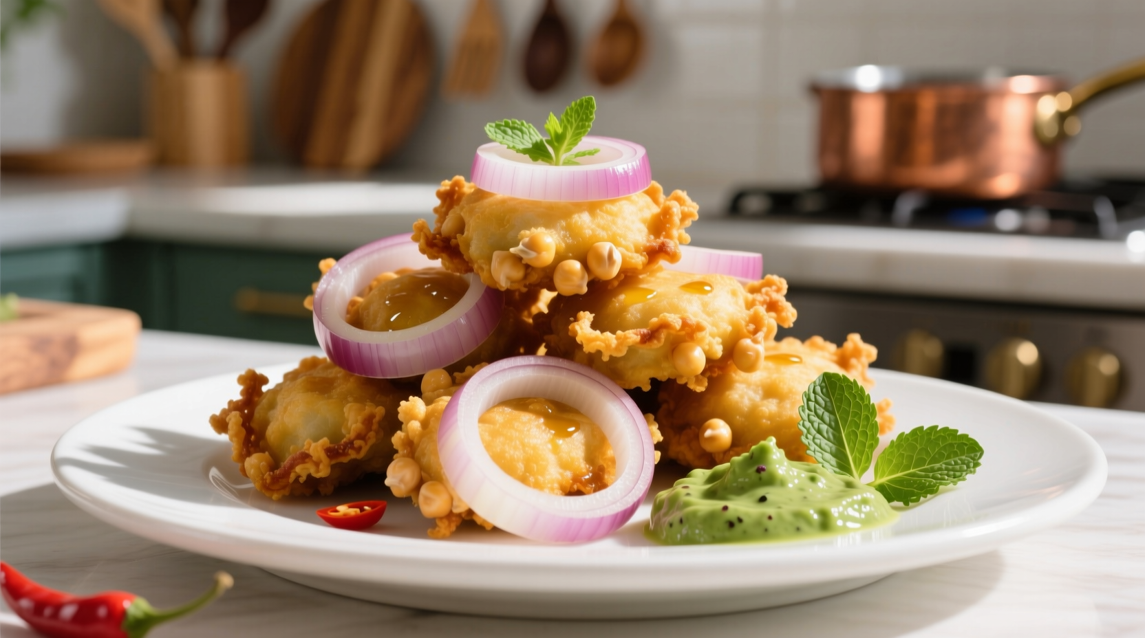 Golden onion pakoras on white plate with mint chutney