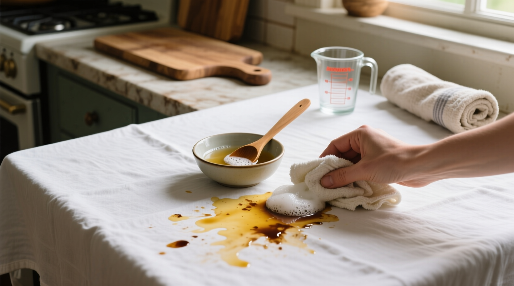 how to remove set in table linen stains with hydrogen peroxide and dish soap
