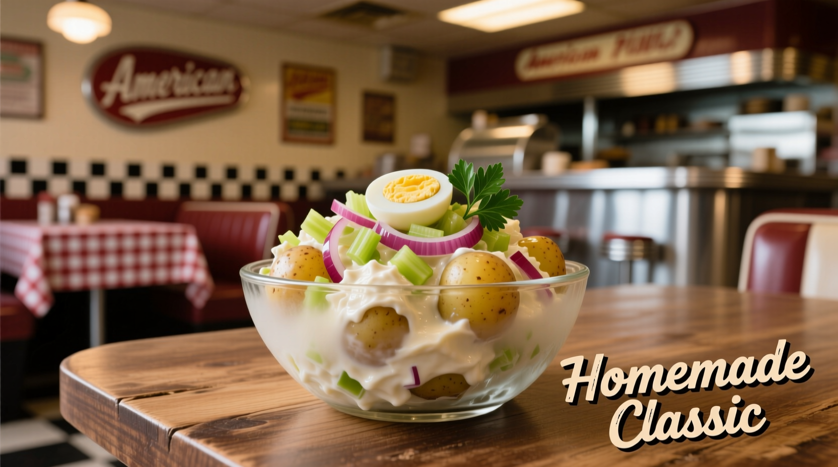 Perfectly prepared potato salad in glass bowl