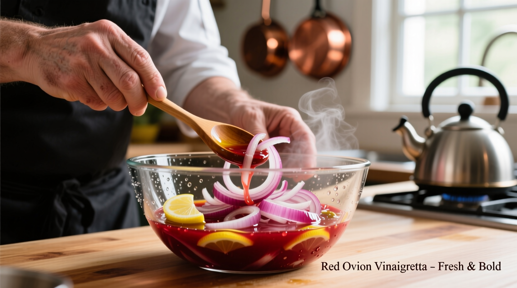 Chef preparing red onion dressing in glass bowl