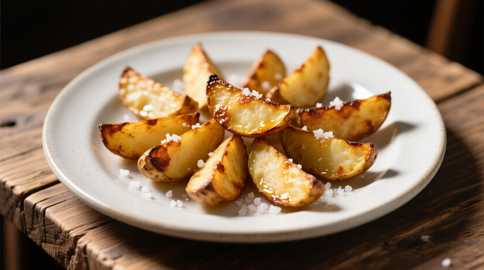 Golden brown pan fried potato wedges on white plate