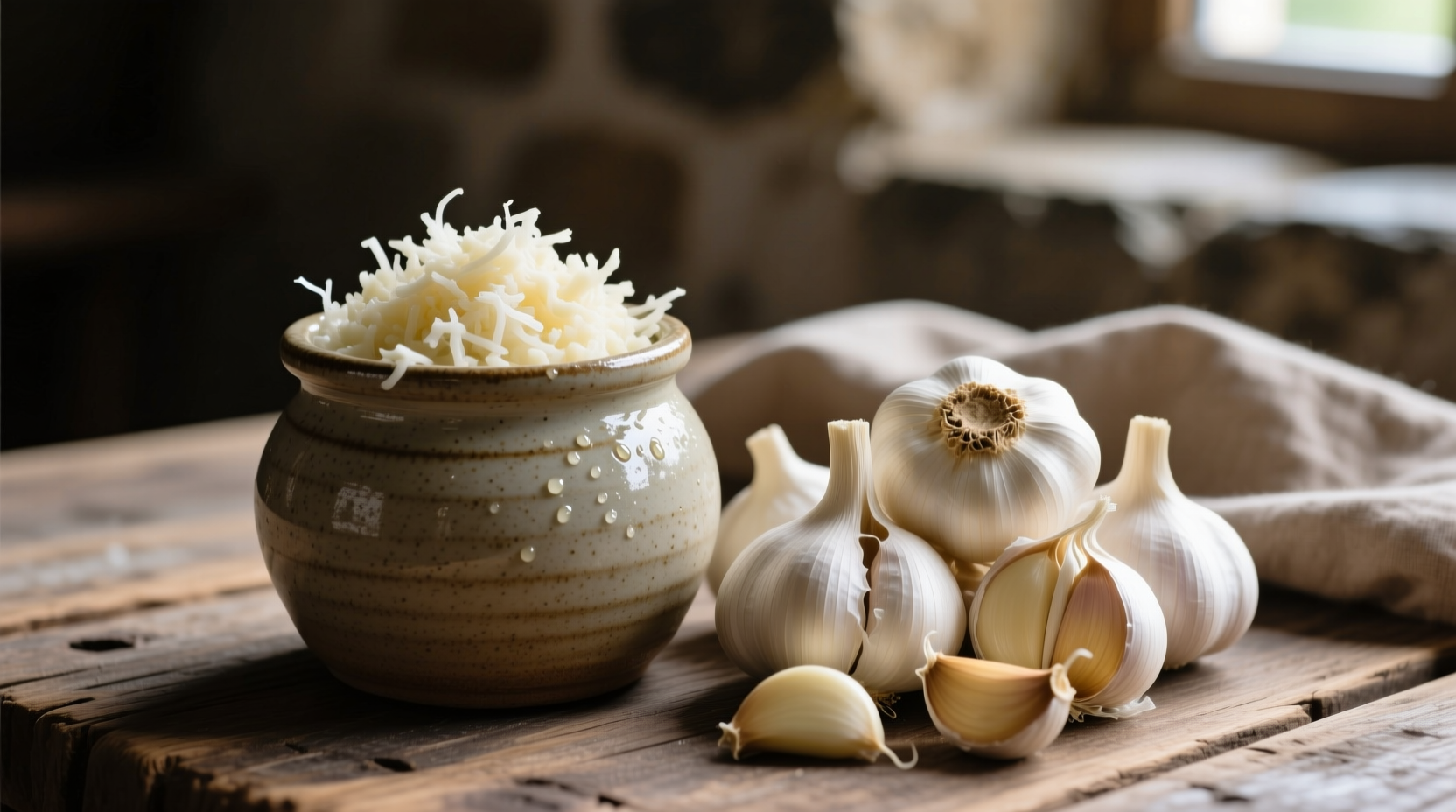 Jarred minced garlic next to fresh garlic cloves