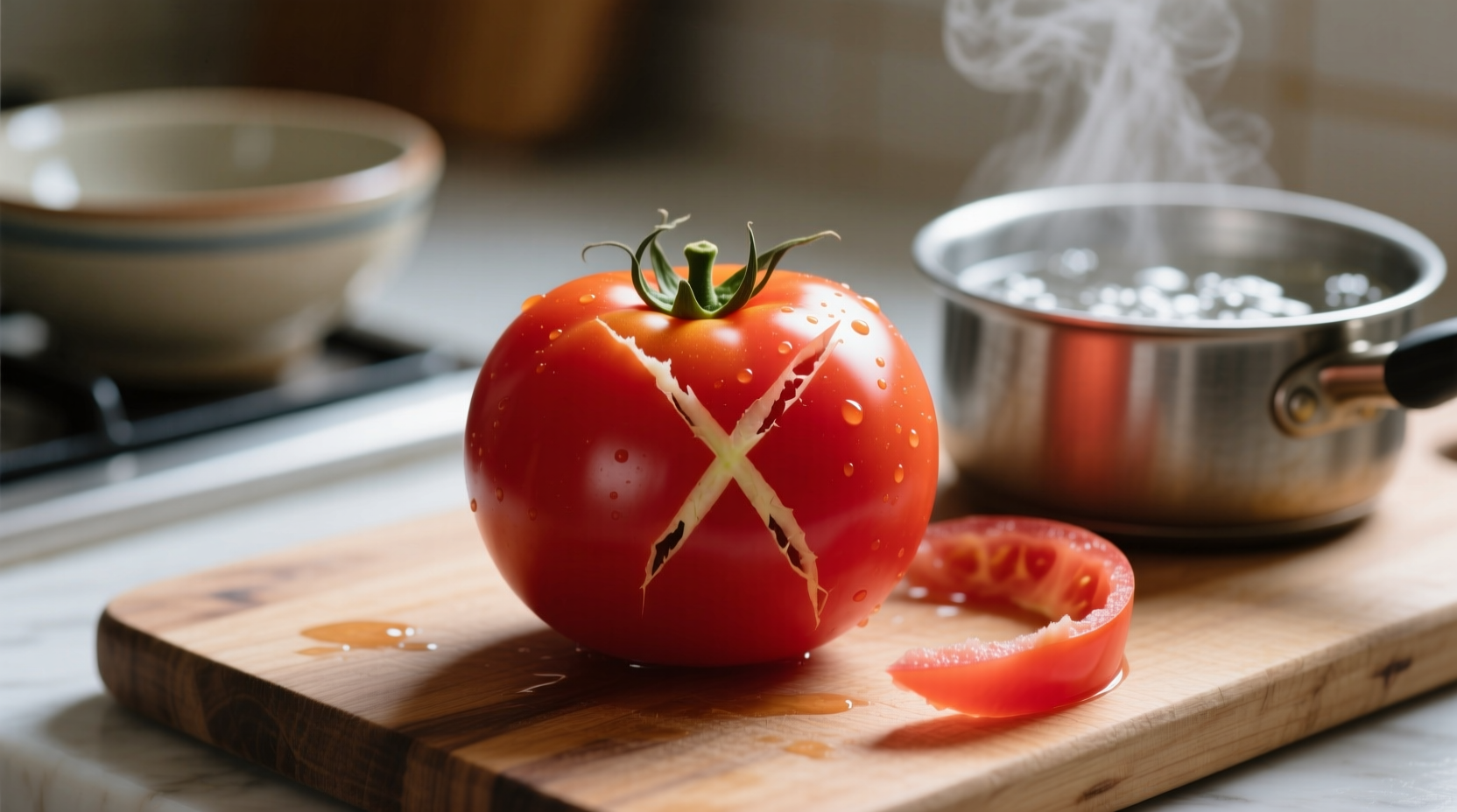 Tomato with X cut ready for boiling water method