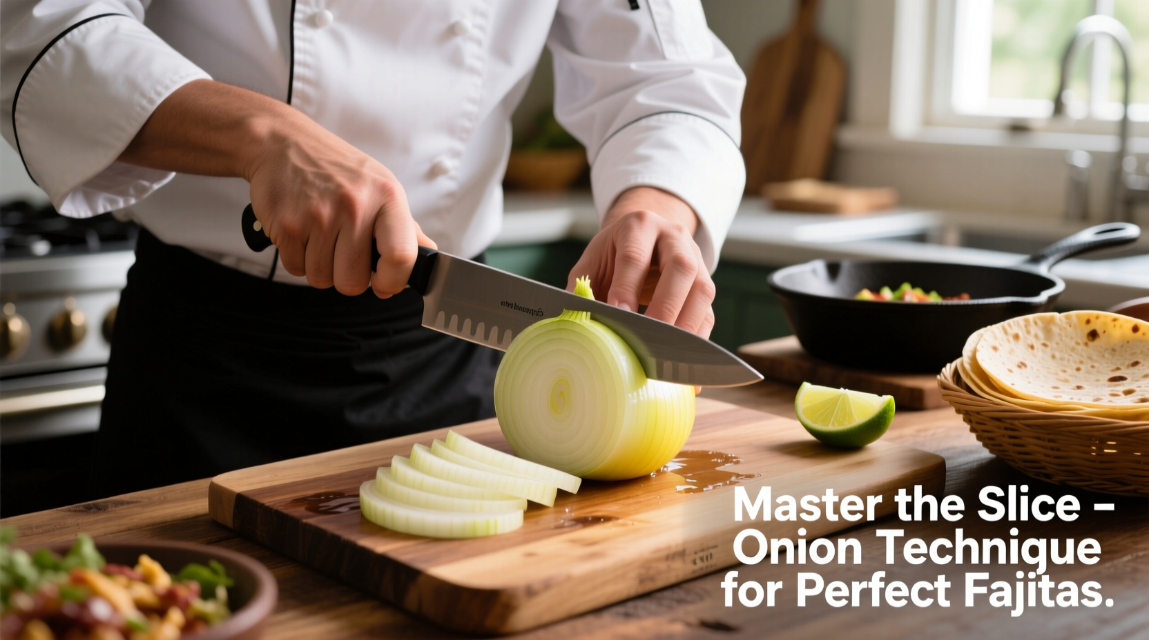 Chef demonstrating proper onion cutting technique for fajitas