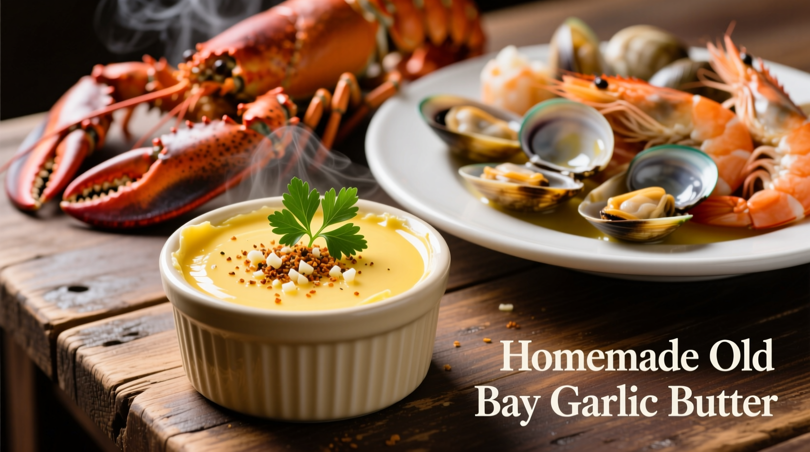 Homemade Old Bay garlic butter in ramekin with seafood