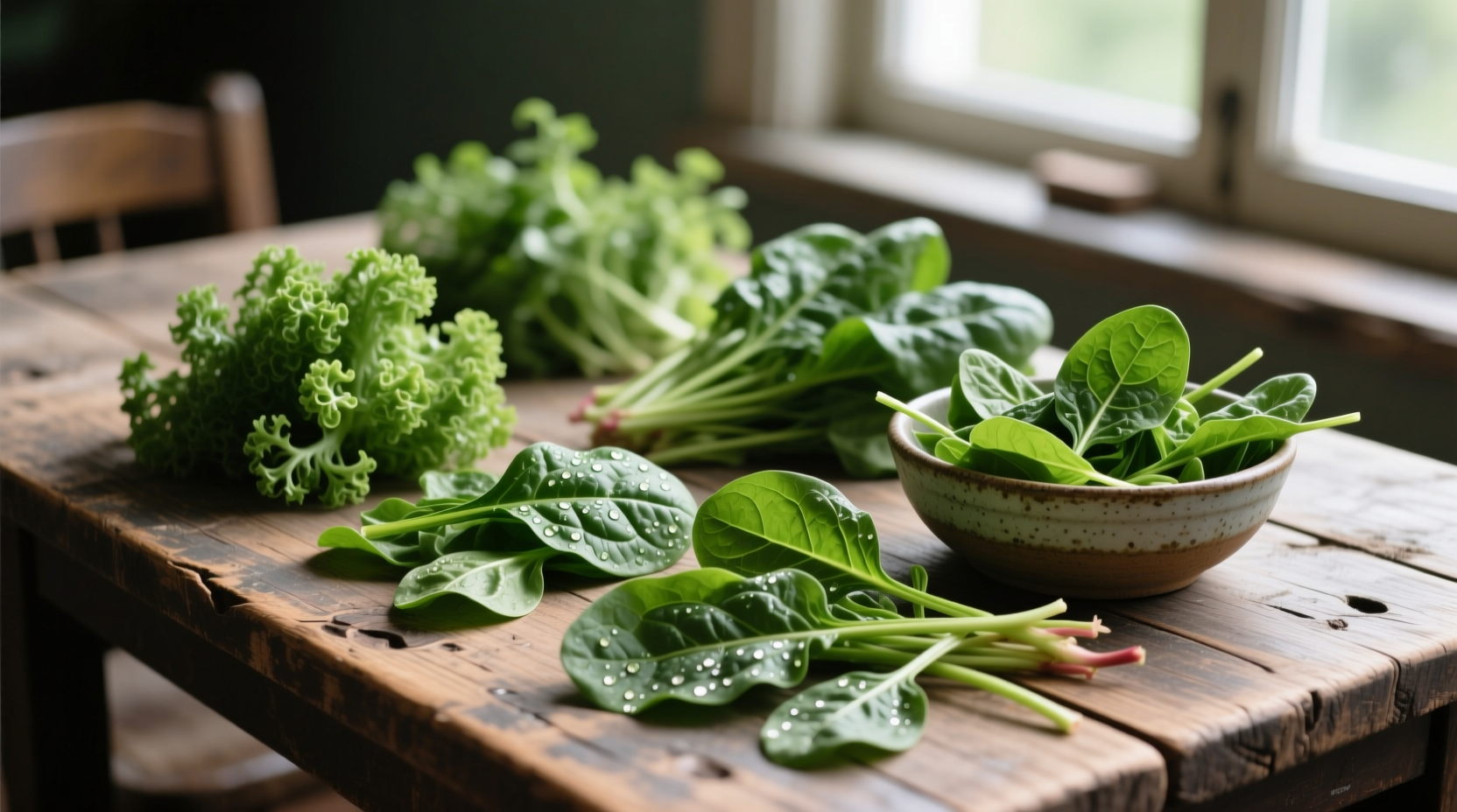 Fresh spinach varieties on wooden table