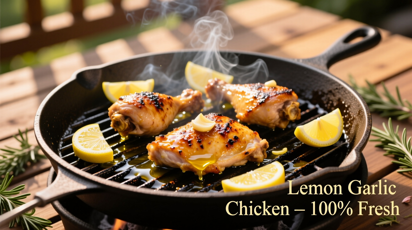 Golden brown lemon garlic chicken on grill